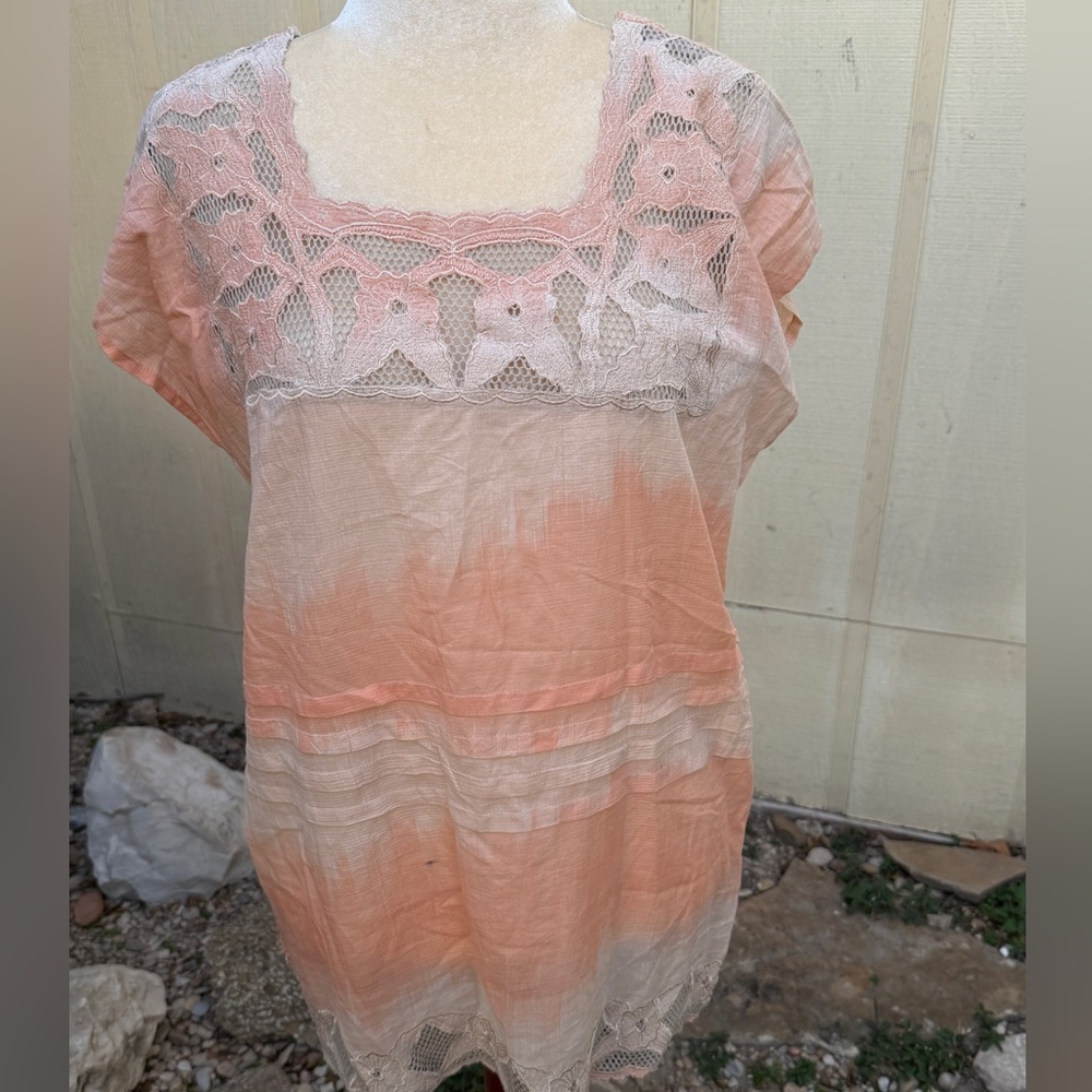 Free People New Romantics Peach Tie Dye Floral Lace Mini Dress Summer Tunic Boho